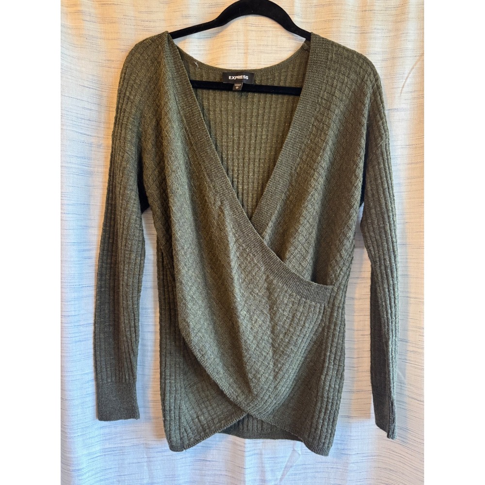 Express Womens XS Olive Green Surplice V-Neck Waffle Knit Crossover Sweater